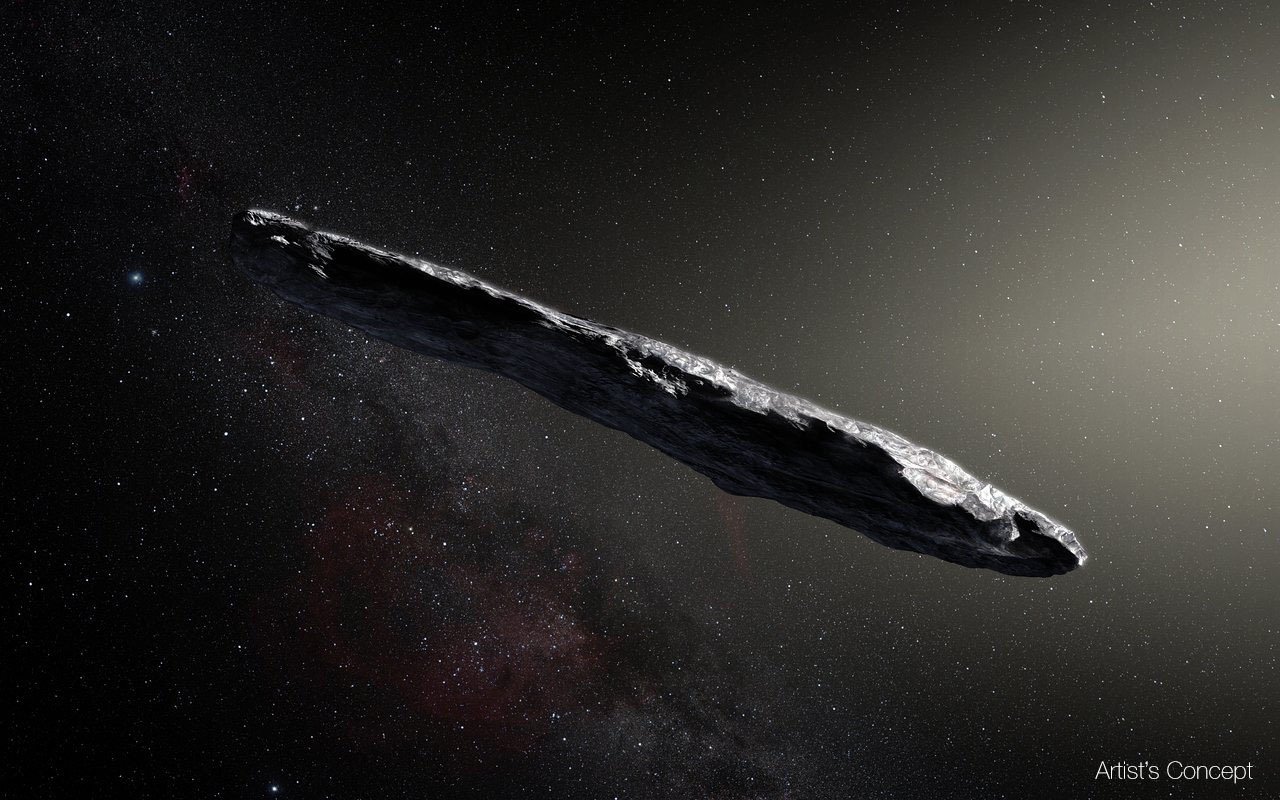 Artist's concept of interstellar object1I/2017 U1 ('Oumuamua) as it passed through the solar system after its discovery in October 2017. The aspect ratio of up to 10:1 is unlike that of any object seen in our own solar system. 