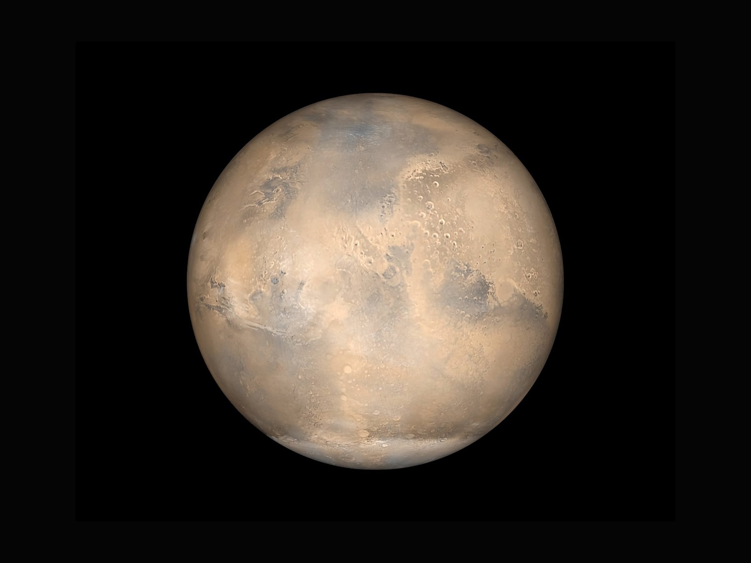 A simulated view of Mars as it would be seen from the Mars Global Surveyor spacecraft.