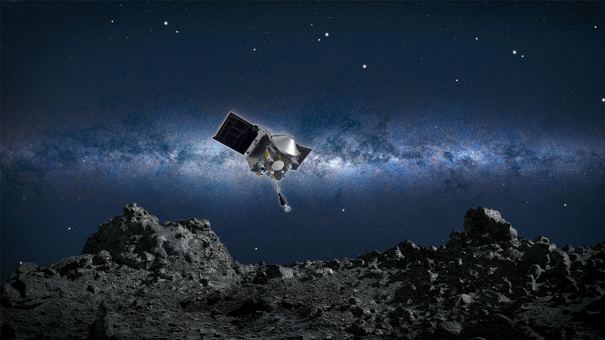 An artist's rendition of Bennu’s collection process. Known as a “touch and go” sample collect, the job involves a blast of nitrogen gas, which stirs-up the material and makes it easier to gather.