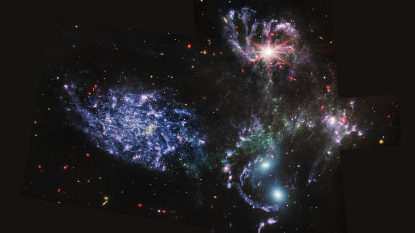 A view of Stephan’s Quintet, a visual grouping of five galaxies from the James Webb Telescope.