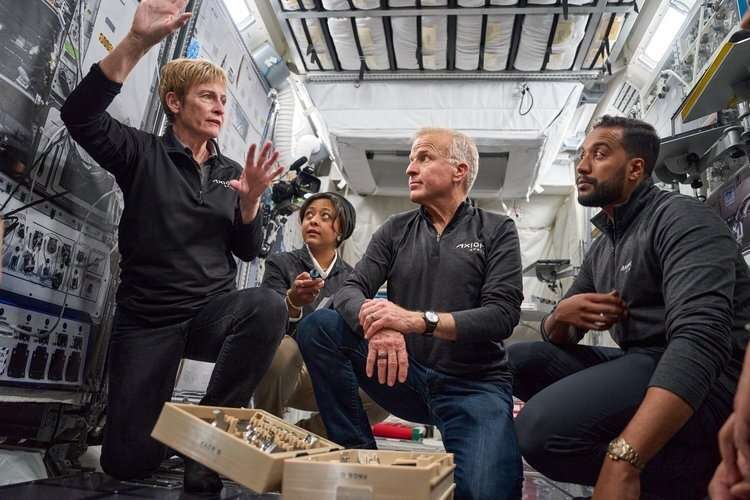 Ax-2 crew members Peggy Whitson (far left), Rayyanah Barnawi, John Shoffner and Ali Al-Qarni took part in training ahead of thei