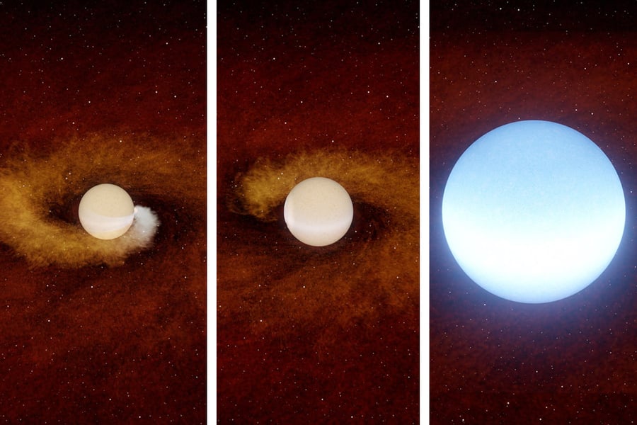 For the first time, astronomers have caught a star in the act of engulfing its planet, an encounter that will play out in our own solar system in 5 billion years. This rendering shows the gas giant meeting its demise as it spiraled into its parent star. Ultimately, the planet plunged into the core of the star, which triggered the star to expand and brighten. The aging star depicted here, called ZTF SLRN-2020, is roughly 10 billion years old. ZTF SLRN-2020 lies 15,000 light-years away in the constellation Aquila. 