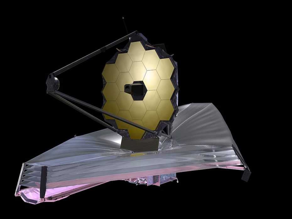 Artist’s rendition of the JWST, showing the five-​layer sunshield below the actual telescope. This is designed to protect the sensitive observation instruments against solar radiation. Above is a large primary mirror to focus infrared radiation.