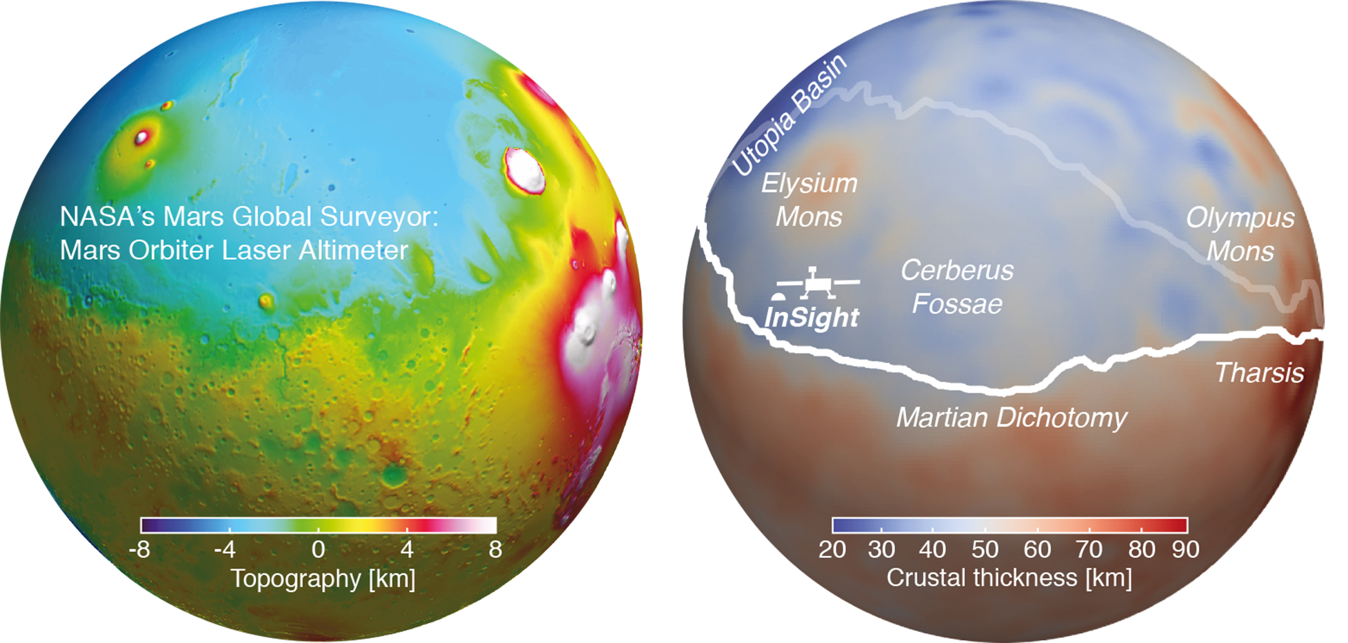 Topographic map of the Martian surface (l.) and representation of the crust thickness (r.). 