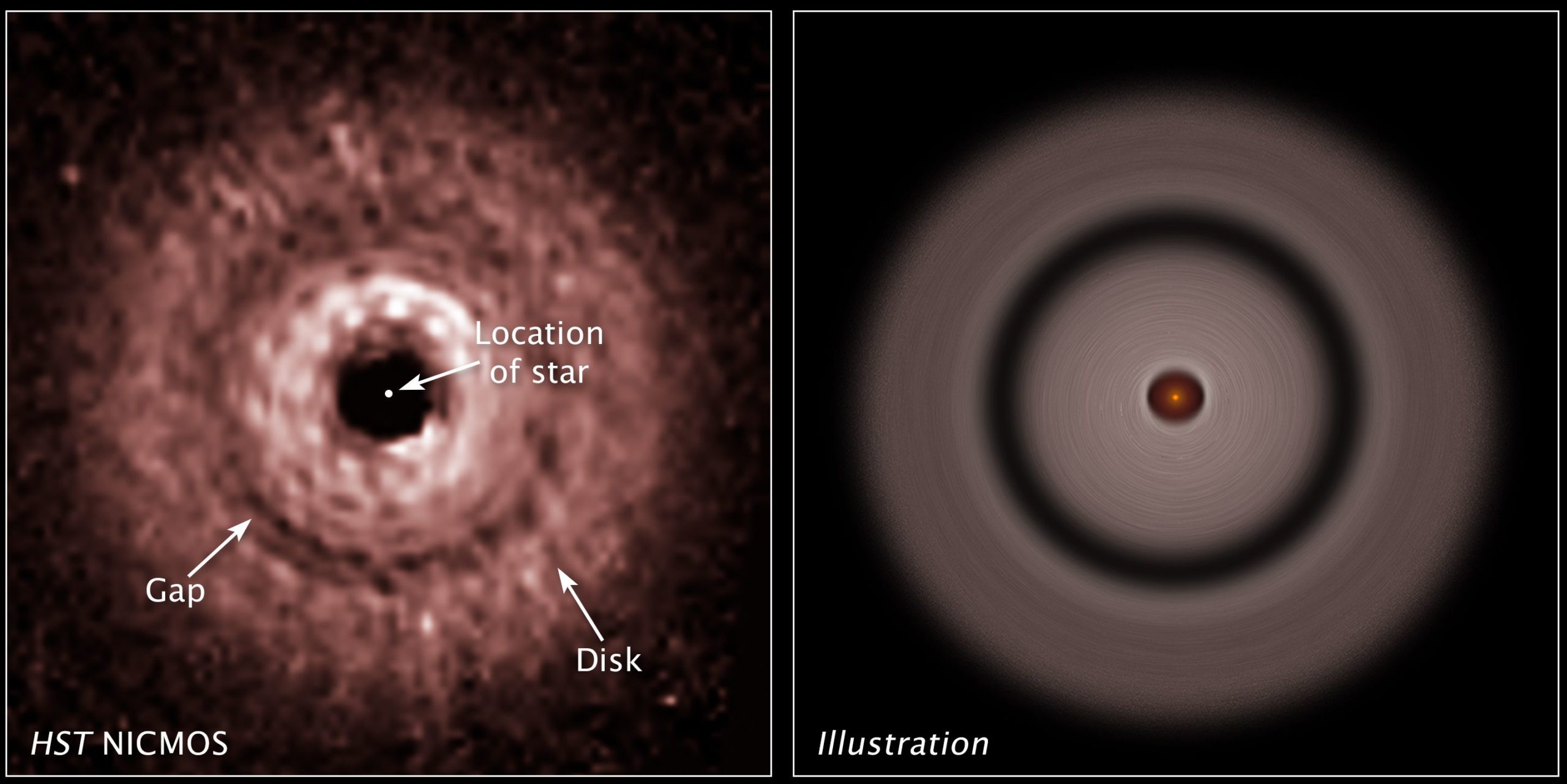 This graphic shows a gap in a protoplanetary disk of dust and gas whirling around the nearby red dwarf star TW Hydrae, which resides 176 light-years away in the constellation Hydra, sometimes called the Sea Serpent. 