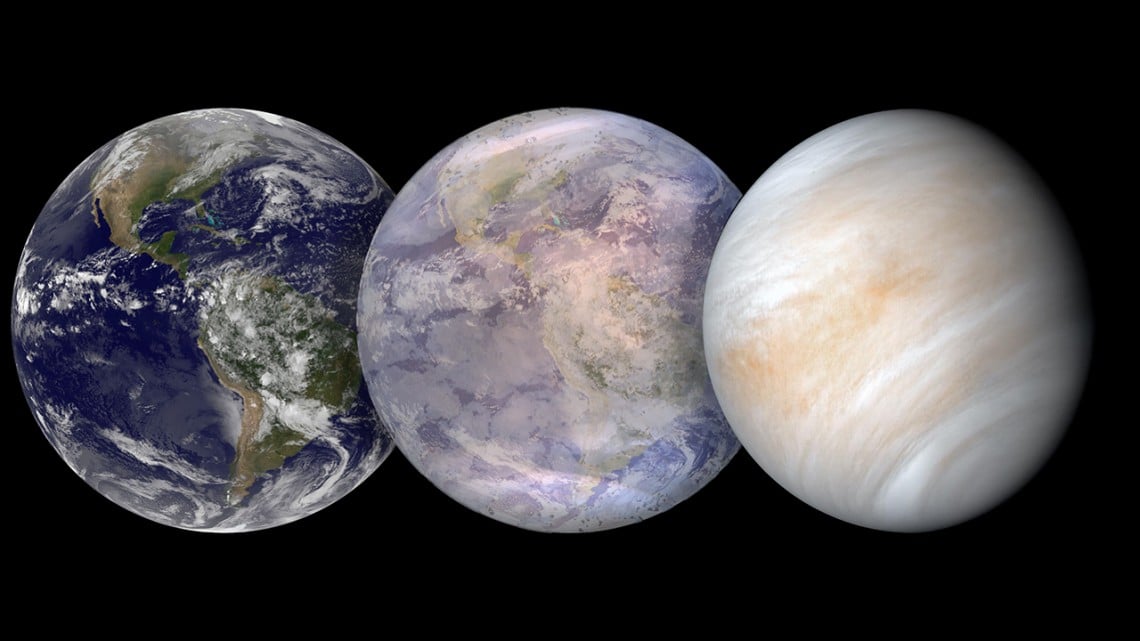 Artist impression showing the exoplanet LP 890-9c’s potential evolution from a hot Earth to a desiccated Venus. 