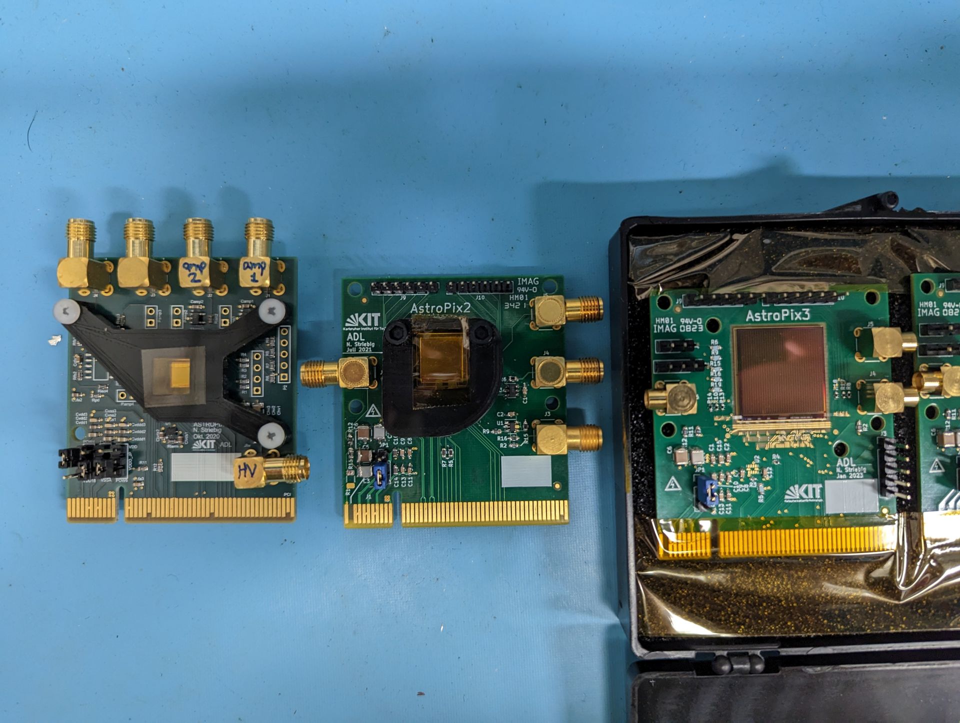 All three versions of AstroPix sensor chips are on display from the oldest on the left to version 3 on the right. Version three, which began testing in April 2023 has bigger pixels and improved functionality. Goddard’s Astropix team includes members around the world working together to develop and test a next generation gamma-ray detector. 