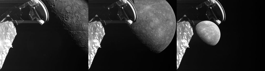 Some of the images acquired of Mercury by the ESA/JAXA BepiColombo spacecraft during its third Mercury flyby on 19 June 2023. Many geological features are visible, including the newly named Manley impact crater. 