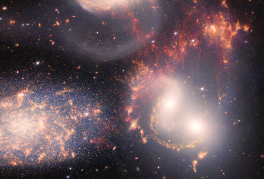 Image of Stephan's Quintet (a group of five galaxies) composed from JWST data using the Near-Infrared Camera (NIRCam) and Mid-Infrared Instrument (MIRI). One of the galaxies (NGC7319) in the group is one of the active galaxies studied in this work. Image credit: NASA, ESA, CSA, STScI.