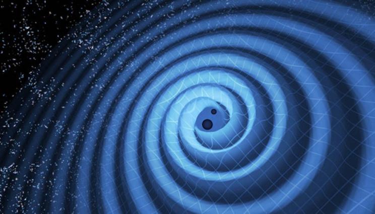 Gravitational waves are produced by cataclysmic events such as the merger of two black holes, which ripple outward as the black holes spiral toward each other. 