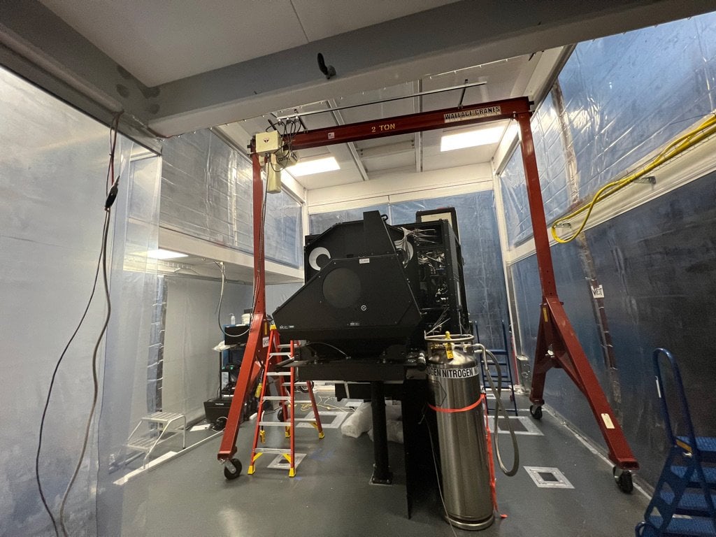 A googly-eyed KCWI, posing as Thomas the Train's lookalike and getting ready to return to the Keck II Telescope after having KCRM installed with it. 