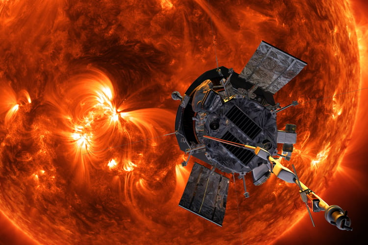 Artist’s concept of the Parker Solar Probe spacecraft approaching the sun. Launched in 2018, the probe is increasing our ability to forecast major space-weather events that impact life on Earth. 