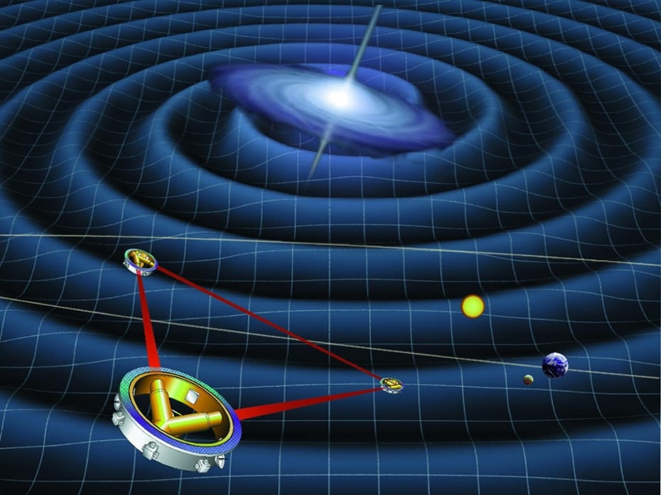 Artist’s impression of the space-based LISA experiment detecting a gravitational wave. 