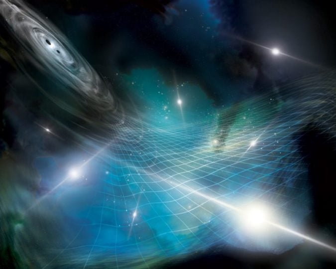 Artist's concept of a collection of pulsars that detect gravitational waves from pairs of orbiting supermassive black holes. 