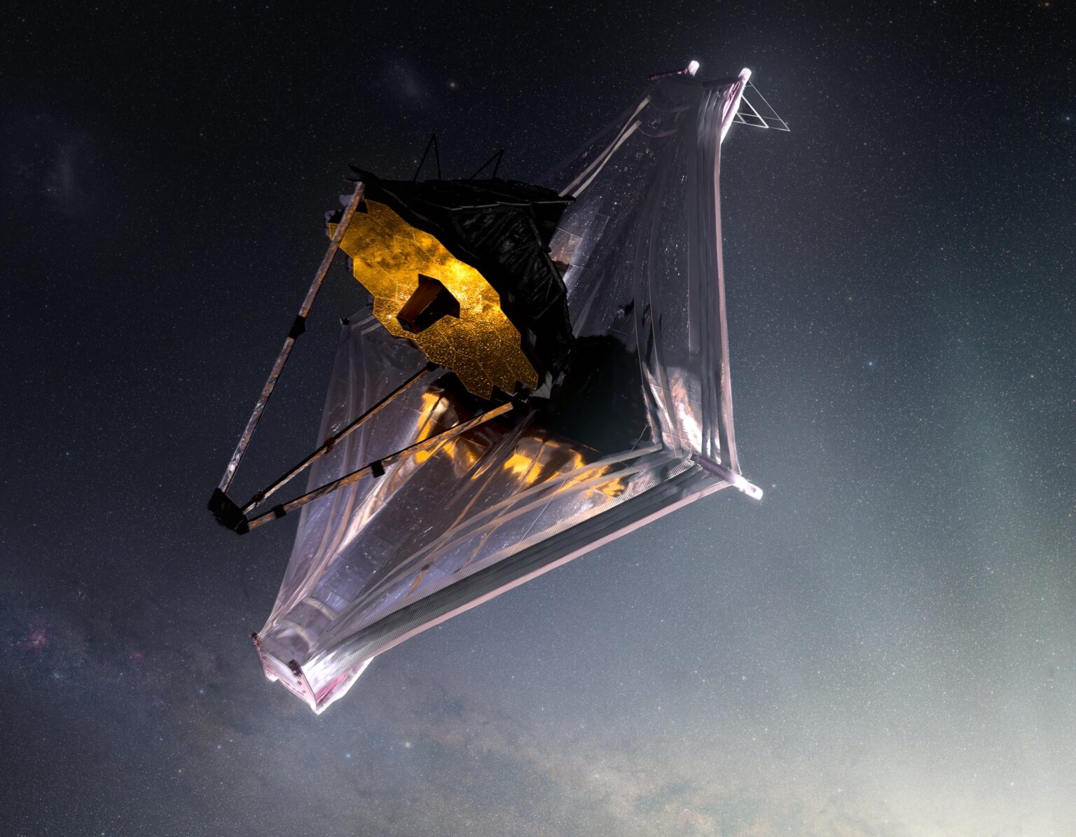 The James Webb Space Telescope observes early galaxies and stars. Image credit: NASA-GSFC/Adriana M. Gutierrez