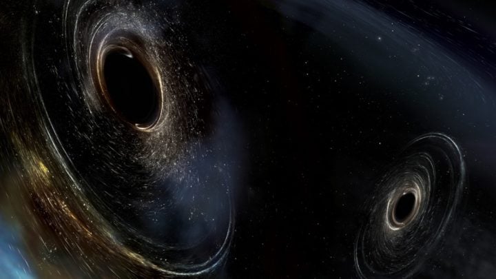 An artist’s conception shows two merging black holes similar to those detected by LIGO. 