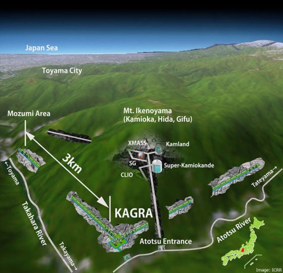 Schematic image of the KAGRA Project conducting observations of gravitational waves.