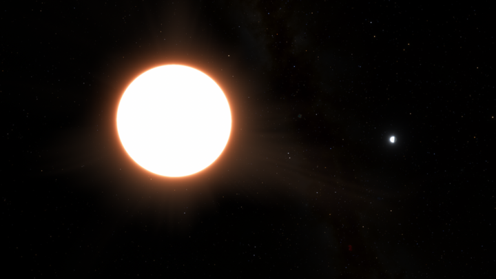 This is an artist impression of exoplanet LTT9779b orbiting its host star. The host star is located on the left as a large white circle with rays coming out of it in orange. The exoplanet is smaller and shown on the right of the image. The side of the exoplanet that is facing its host star is illuminated. The planet is around the size of Neptune and reflects 80% of the light shone on it, making it the largest known “mirror” in the Universe. The background of the image is black and speckled across the image is a starfield, showing innumerable stars of many sizes.