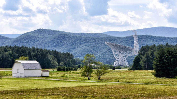 The Green Bank Telescope, nestled in a radio-quiet valley in West Virginia, is a major listening post for Breakthrough Listen.