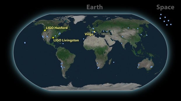 Three gravitational wave detectors (yellow) and roughly 70 ground and space-based light observatories (blue) all trained their sights on the merging neutron stars. Image created before KAGRA detector joined the collaboration and therefore it is not depicted here.