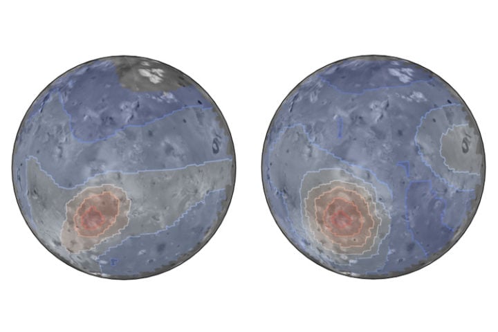 JWST measurements obtained in November 2022 overlaid on a map of Io’s surface. Thermal infrared measurements (right) show a brightening of Kanekehili Fluctus, a large and, during the observation period, very active volcanic area on Io. Spectral measurements (left) show forbidden infrared emissions from sulfur monoxide centered on the volcanic area. The coincidence confirms a theory that SO is produced in volcanic vents and, in the very thin atmosphere of Io, remain around long enough to emit the forbidden line that would normally be suppressed by collisions with other molecules in the atmosphere.