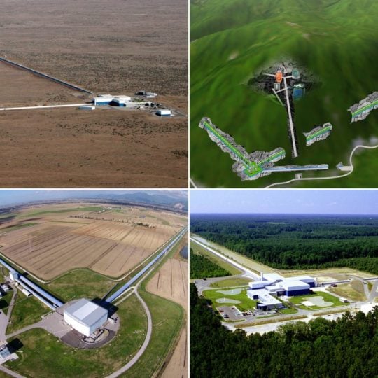 KAGRA, illustrated at top right, joined the network of gravitational-wave observatories that includes LIGO Hanford (top left), LIGO Livingston (bottom right), and Virgo (bottom left). 