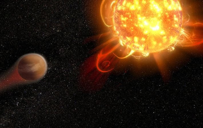 An exoplanet and its star, stellar evolution - illustrative rendering.