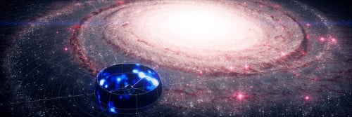 The Galaxy in Neutrinos (blue sky map) in front of an artist’s impression of the Milky Way. 