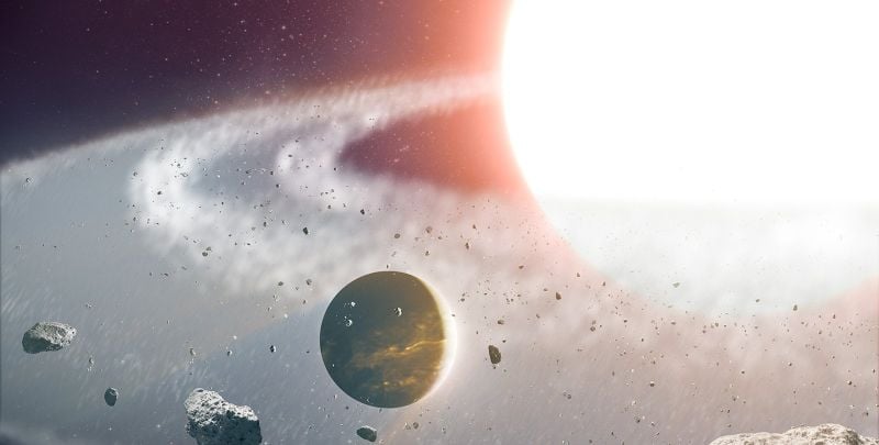 Artist's concept showing a planet amid a field of debris from the apocalyptic aftermath of a violent merger between two stars. The planet Halla may have survived in orbit around the colliding stars. 