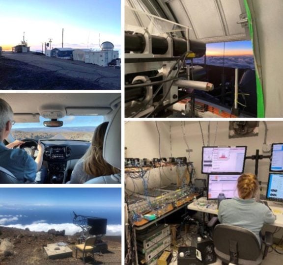 Conducting the experiment required physical setups at two points in Hawai‘i. Counterclockwise from top left are: the Mauna Loa observatory, with the domed building the team used at right; the team members driving up Mauna Loa; the reflector positioned on Haleakala; the control room under the dome on Mauna Loa; and the telescopes within the dome on Mauna Loa that were used to transmit the laser light. 