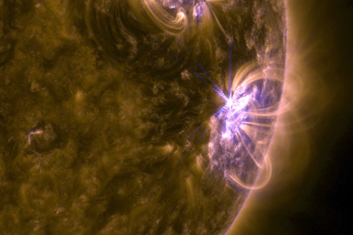 NASA’s Solar Dynamics Observatory captured this image of a medium-class (M8.1) solar flare (bright area at right) on September 8, 2017.