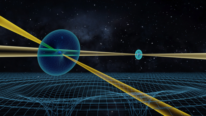 Artist’s impression of the Double Pulsar system and its effect on spacetime. The spacetime curvature (shown in the grid at the bottom) is highest near the pulsars. As they orbit one another, these deformations propagate away at the speed of light as gravity waves, carrying away orbital energy. By counting each time the pulsed beam of radio emission sweeps over the Earth, we can track the slowly shrinking orbit. 