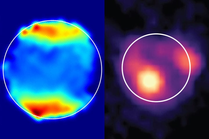 A spectroscopic map of Ganymede (left) derived from JWST measurements shows light absorption around the poles characteristic of the molecule hydrogen peroxide. A JWST infrared image of Io (right) shows hot volcanic eruptions at Kanehekili Fluctus (center) and Loki Patera (right). The circles outline the surfaces of the two moons. 