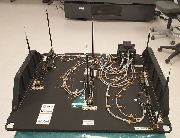 Preflight image of the Multi-Needle Langmuir Probe from ESA (European Space Agency), which measures plasma densities in Earth’s ionosphere. 