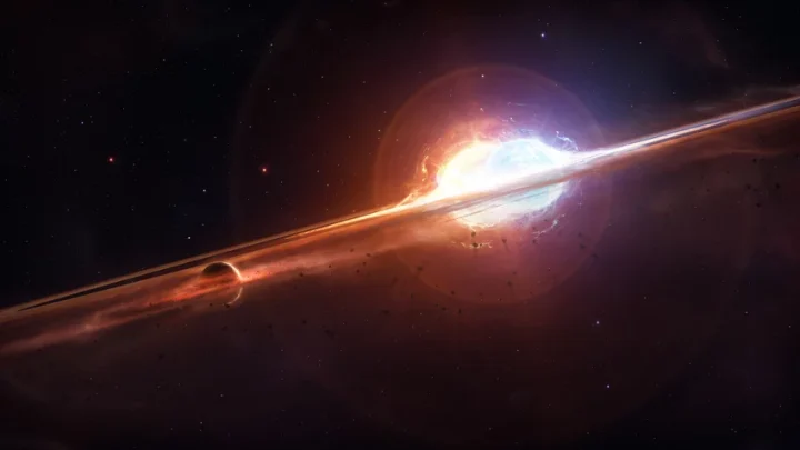 Portrayed is the violent merger between two stars that may have formed the helium-burning giant star Baekdu. The merger produces a debris disk that gave birth to the planet Halla.