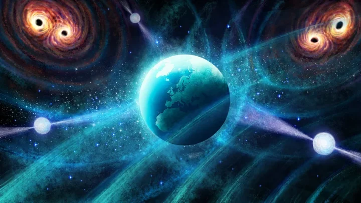 Artist's impression of the measurement of the gravitational wave background using pulsars distributed in the Milky Way. The faint echo of distant binary systems of supermassive black holes alters the precise ticking of the cosmic lighthouses. 