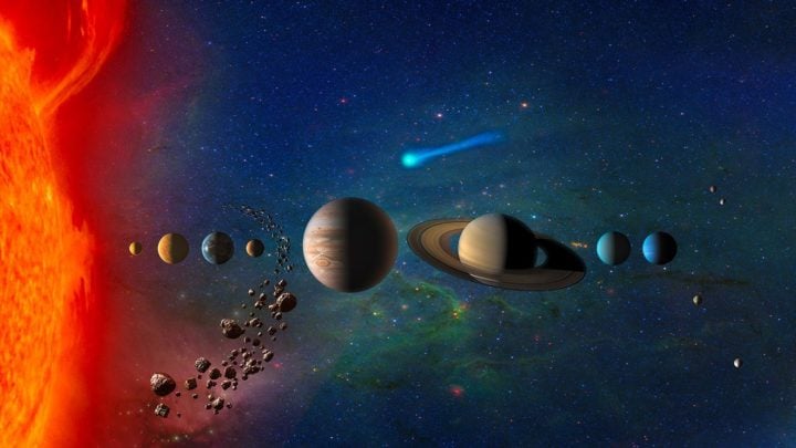 An illustration shows our solar system (not to scale). 