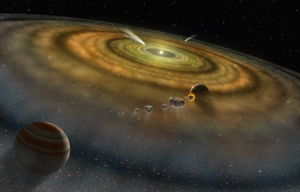 Artist’s conception of the view toward the young star Beta Pictoris from the outer edge of its disk. This disk of dust and gas orbiting the star is produced by collisions between and evaporation of asteroids and comets.