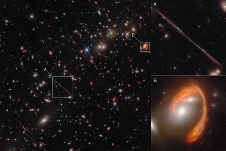 This infrared image of the galaxy cluster El Gordo reveals hundreds of galaxies, some never before seen at this level of detail. El Gordo acts as a gravitational lens, distorting and magnifying the light from distant background galaxies. Two of the most prominent features in the image include The Thin One galaxy, highlighted in box A, and The Fishhook galaxy, a red swoosh highlighted in box B. Both are lensed background galaxies.