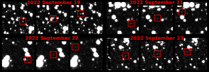 Discovery images from the ATLAS survey, with 2022 SF289 visible in the red boxes. 