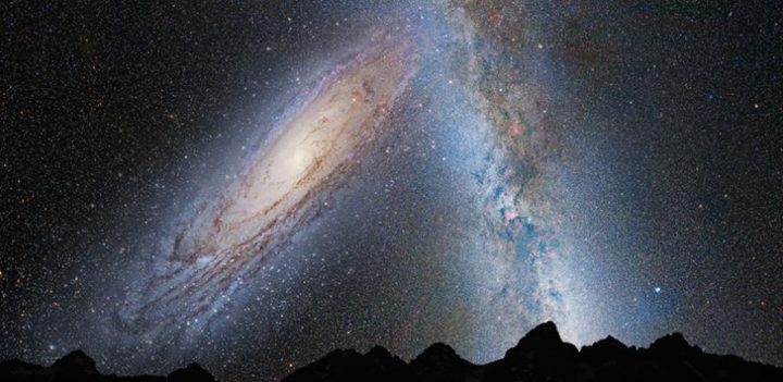 Artist's impression of the predicted collision between the Milky Way and Andromeda. 