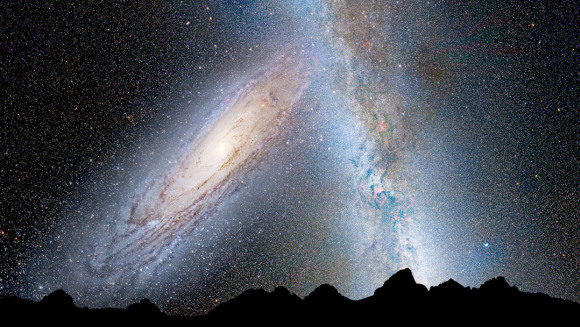 This illustration shows a stage in the predicted merger between our Milky Way galaxy and the neighboring Andromeda galaxy, as it will unfold over the next several billion years. In this image, representing Earth’s night sky in 3.75 billion years, Andromeda (left) fills the field of view and begins to distort the Milky Way with tidal pull.