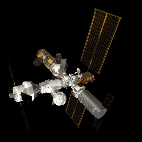 This computer render shows NASA's Orion spacecraft docked to the Gateway (left) that will bring astronauts to the lunar outpost.