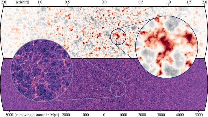 Comparison of the distributions of neutrinos (top) and dark matter (bottom), based on an observer positioned in the middle of each of the two horizontal stripes. As the universe evolves, neutrinos accumulate a little around the largest concentrations of dark matter, as a comparison of the two sections shows. This slightly increases the mass of these largest structures and thus their growth.