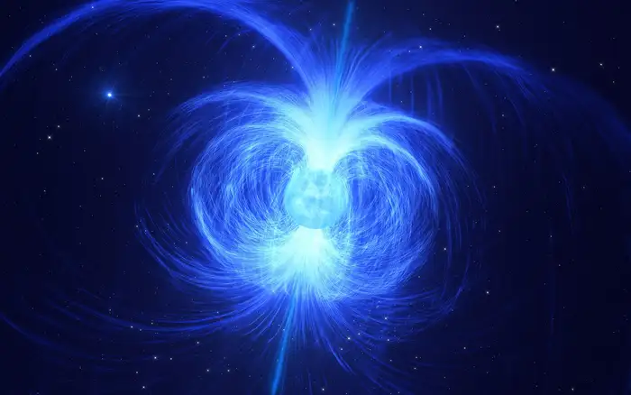 This artist impression shows HD 45166, a massive magnetar star recently discovered to have a powerful magnetic field of 43 000 gauss, the strongest magnetic field ever found in a massive star. Intense winds of particles blowing away from the star are trapped by this magnetic field, enshrouding the star in a gaseous shell as illustrated here. 