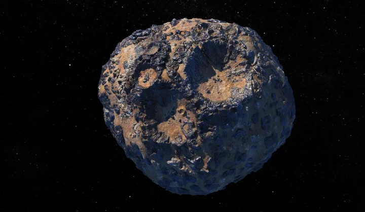 An artist’s illustration of a metal asteroid. 
