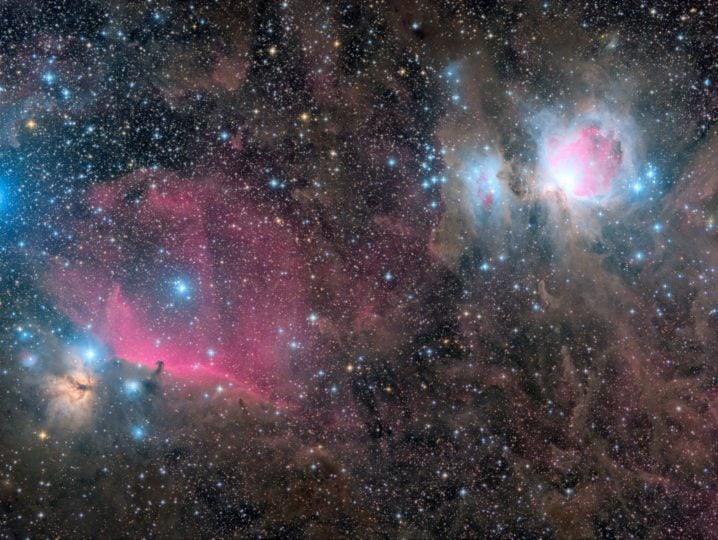 This is how the Orion area looks like when observing it through a professional telescope. Quite often you can also notice twinkling stars.