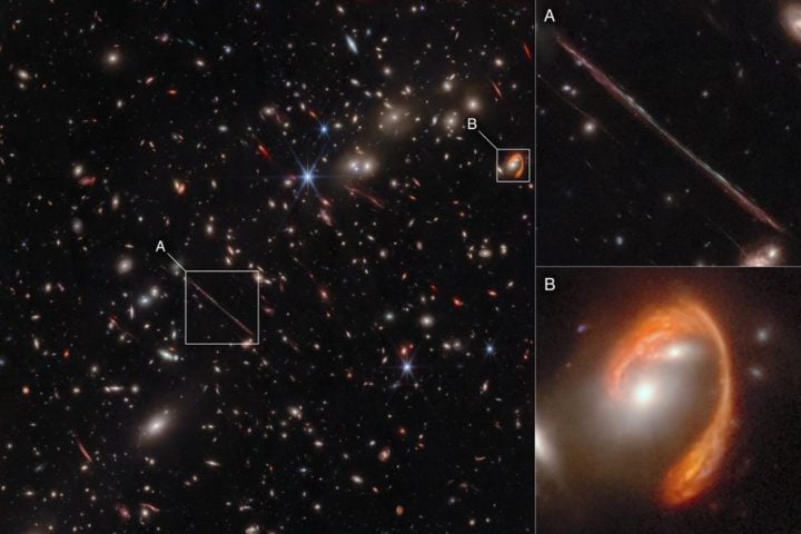 Two of the most prominent galaxy cluster features in the image include the Thin One, highlighted in box A, and the Fishhook, a red swoosh highlighted in box B. Both are lensed background galaxies. The insets at right show zoomed-in views of both objects. 