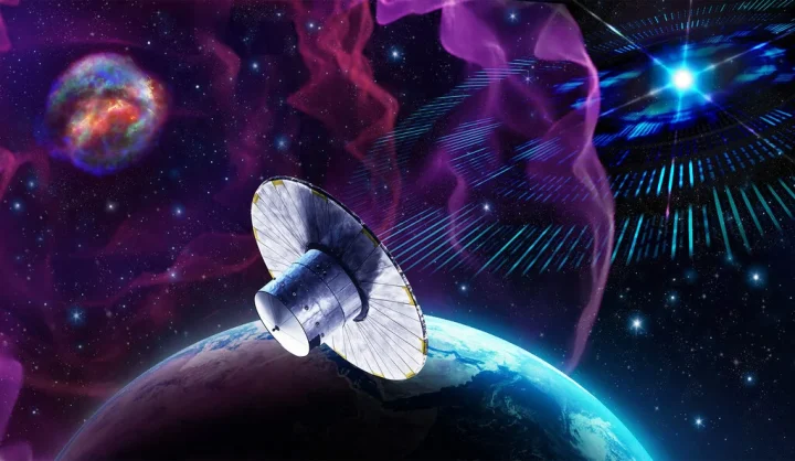 Artistic impression of the Gaia spacecraft detecting artificial extraterrestrial signals from a distant star system. In this synchronization scheme, the star system's inhabitants send the signal shortly after witnessing a supernova, which is also seen by telescopes on Earth. 