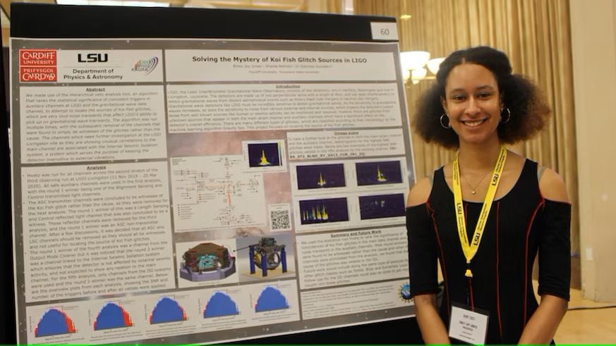 Astrophysics undergraduate Em.J presented the findings from her summer research placement at a poster exhibition at a Louisiana State University research forum.